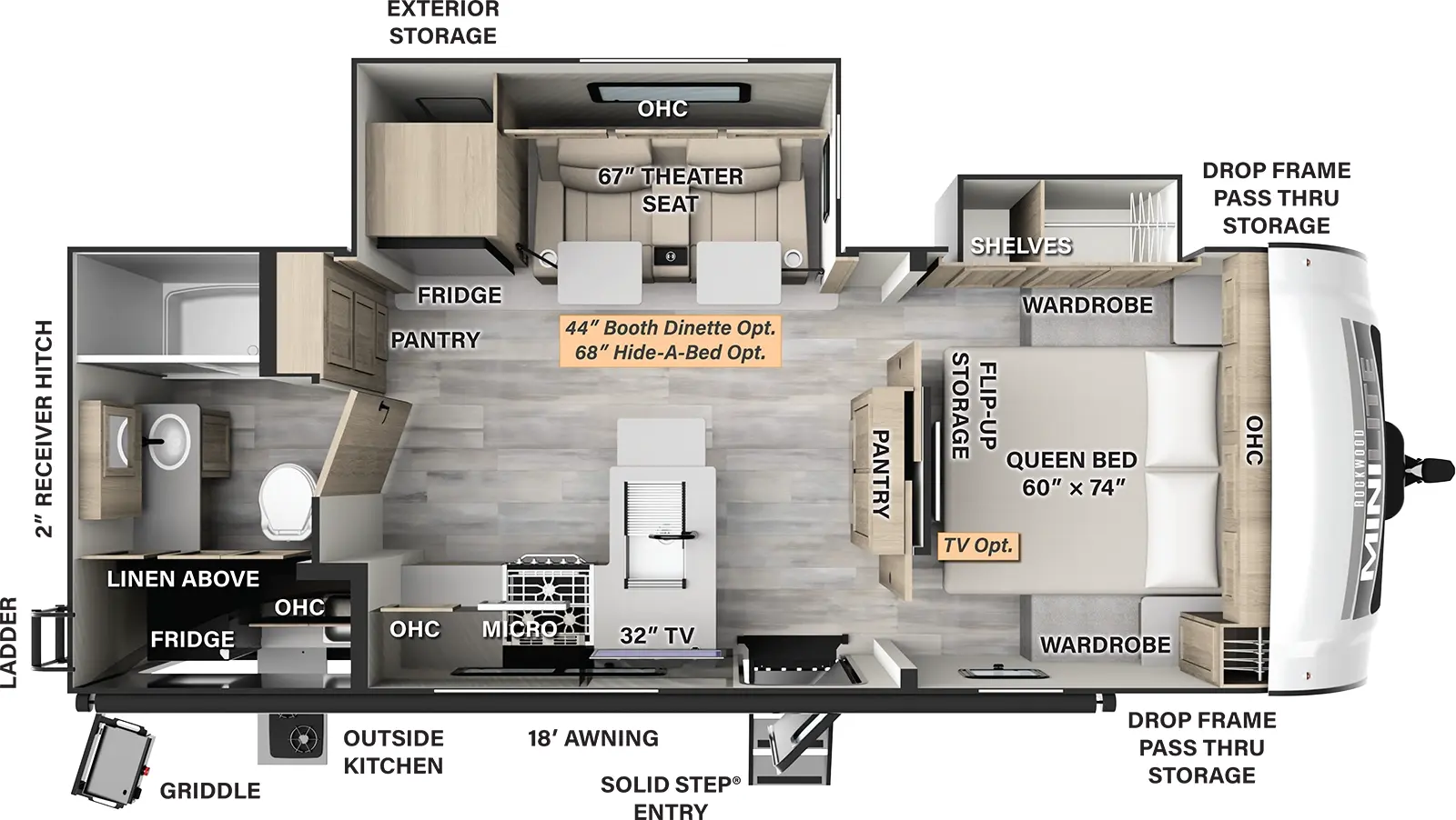 The 2513S has two slide outs and one entry door. Exterior features an 18 foot awning, solid step entry, front drop frame pass thru storage, outside kitchen  with refrigerator, griddle, off-door side exterior storage, rear ladder and 2 inch receiver hitch. Interior layout front to back: foot-facing queen bed with flip-up storage, overhead cabinets, wardrobe on door side, and off-door side slide out with shelves and wardrobe (Optional TV); island pantry along inner wall; door side entry, peninsula kitchen counter with sink wraps to door side with TV, microwave, overhead cabinet, and cooktop; off-door side slide out with theater seating with table (booth dinette or hide-a-bed optional), overhead cabinets, and refrigerator; pantry along inner wall; rear full bathroom with linen closet.